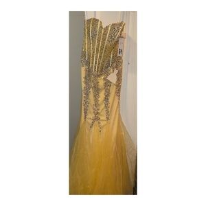 Stunning Jovani 5908 Yellow Beaded Gown with Silver Embellishments